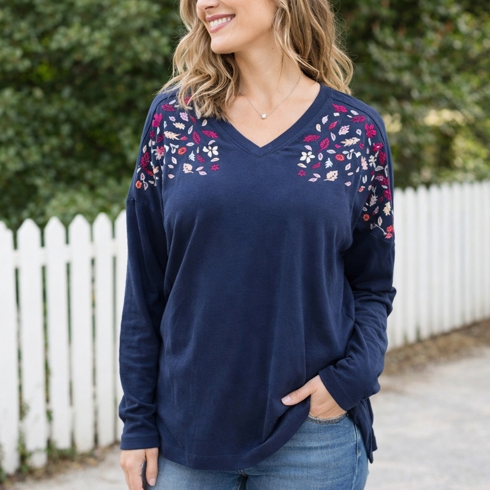 Life Is Good Navy Embroidered V-Neck Long Sleeve T Shirt Tunic Top Floral Medium